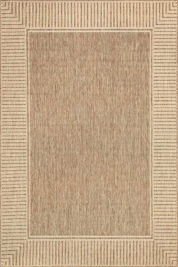 Nuloom Asha Light Brown/Ivory, 9'6" x 12', Casual, Striped Border, Soft and Cozy, High Traffic, Easy Clean, Durable Area Rug for Indoor/Outdoor Patio, Deck, Porch, Garden, Courtyard