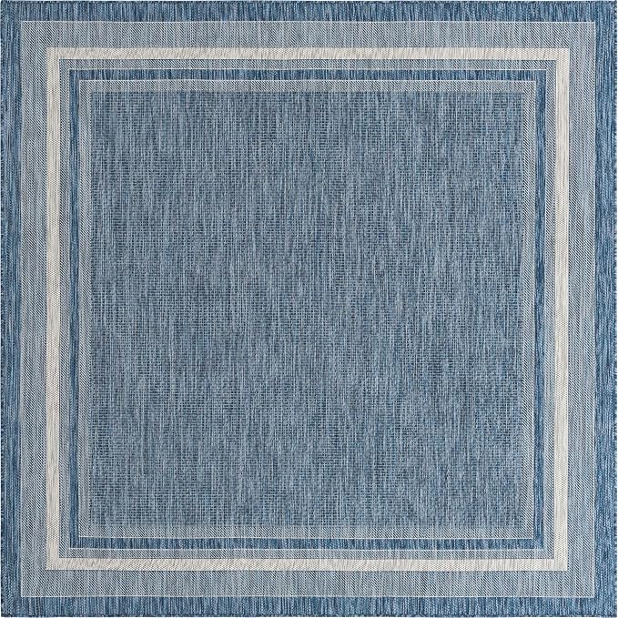 Unique Loom Outdoor Border Collection Area Rug - Soft Border (7' 10" Square, Blue/ Ivory)