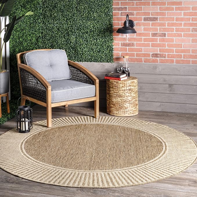 Nuloom Asha Light Brown/Ivory, 6'7" x 9', Casual, Striped Border, Soft and Cozy, High Traffic, Easy Clean, Durable Area Rug for Indoor/Outdoor Patio, Deck, Porch, Garden, Courtyard