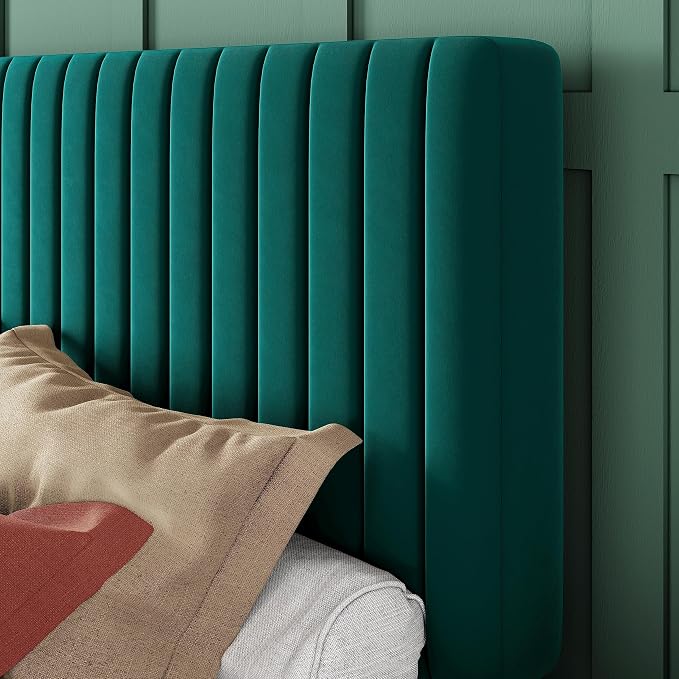 Allewie Full Bed Frame, Velvet Upholstered Platform Bed with Adjustable Vertical Channel Tufted Headboard, Mattress Foundation with Strong Wooden Slats, Box Spring Optional, Easy Assembly, Teal