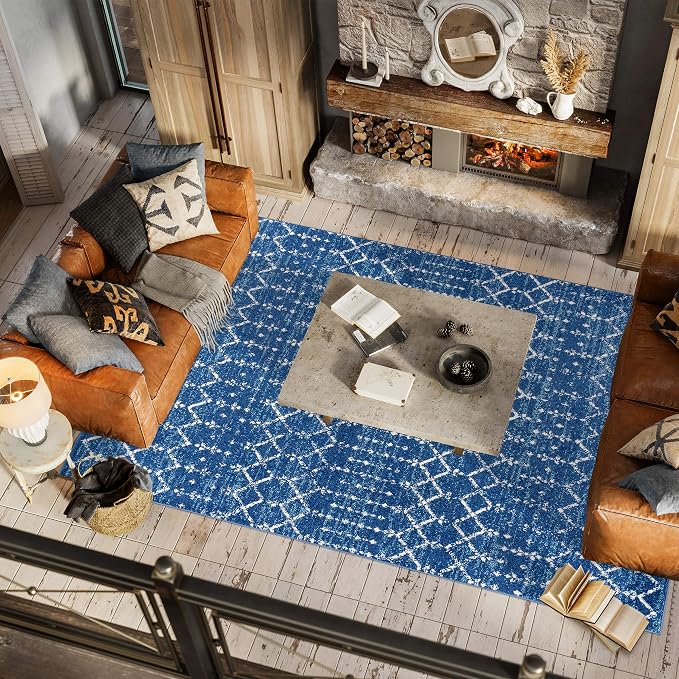 JONATHAN Y Boho Vintage Diamond Blue/White Indoor Area Rug 4X6 ft, Moroccan Hype for Living Room, Bedroom, Kitchen, Office, Easy-Cleaning, High Traffic, Pet-Friendly, Non-Shedding (MOH101A-4)