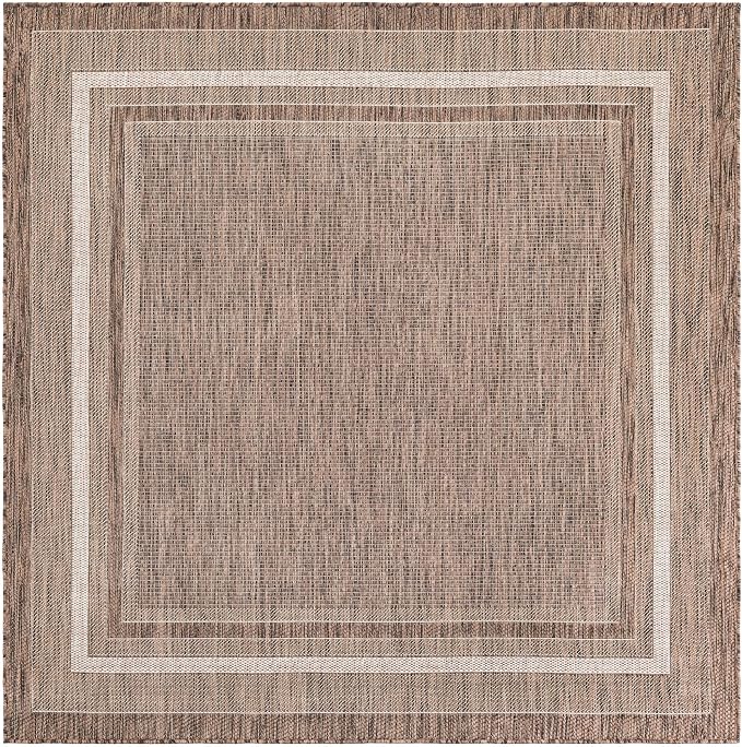 Unique Loom Outdoor Border Collection Area Rug - Soft Border (6' 1" Square Brown/Ivory)