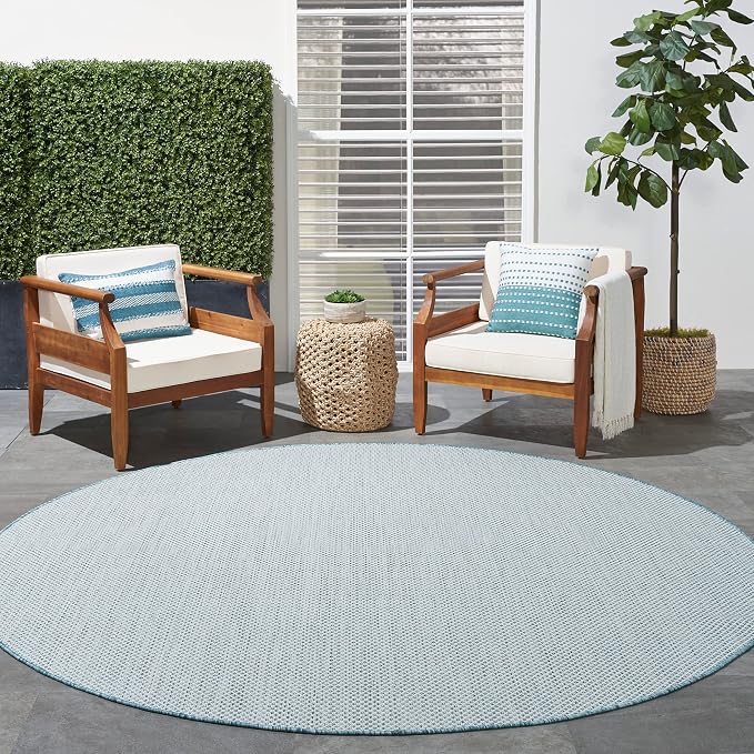 Nourison Home Courtyard Ivory Aqua 8' x Round Area Rug - Easy Clean, Non Shedding, Bed Room, Living Room, Dining Room, Kitchen (8' x Round)