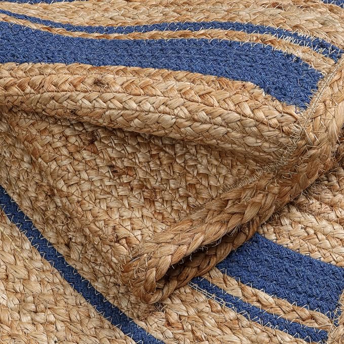 Boho Braided 1.5x3 Area Rug - Jute Natural Fiber Half Round Rug for Living Room Entryway, Farmhouse, Home, Indoor Rugs Jute Door mat for Bathroom, Kitchen (Navy Natural, 1.5 X 3 ft)