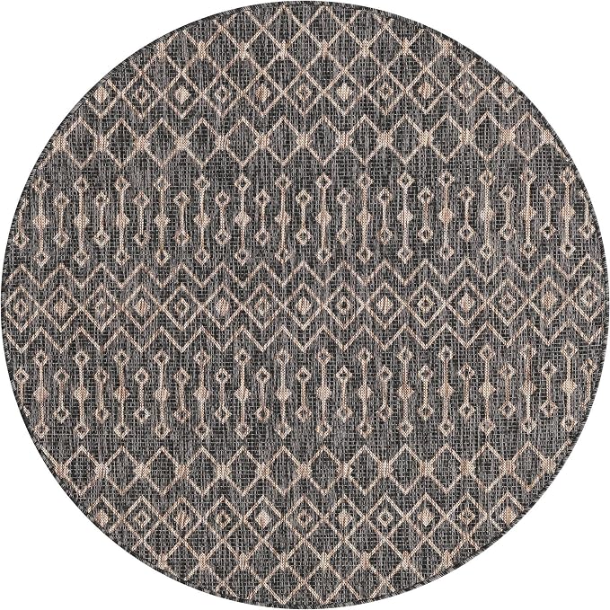 Unique Loom Outdoor Trellis Collection Area Rug - Tribal Trellis (5' 3" Round, Charcoal Gray/ Natural)