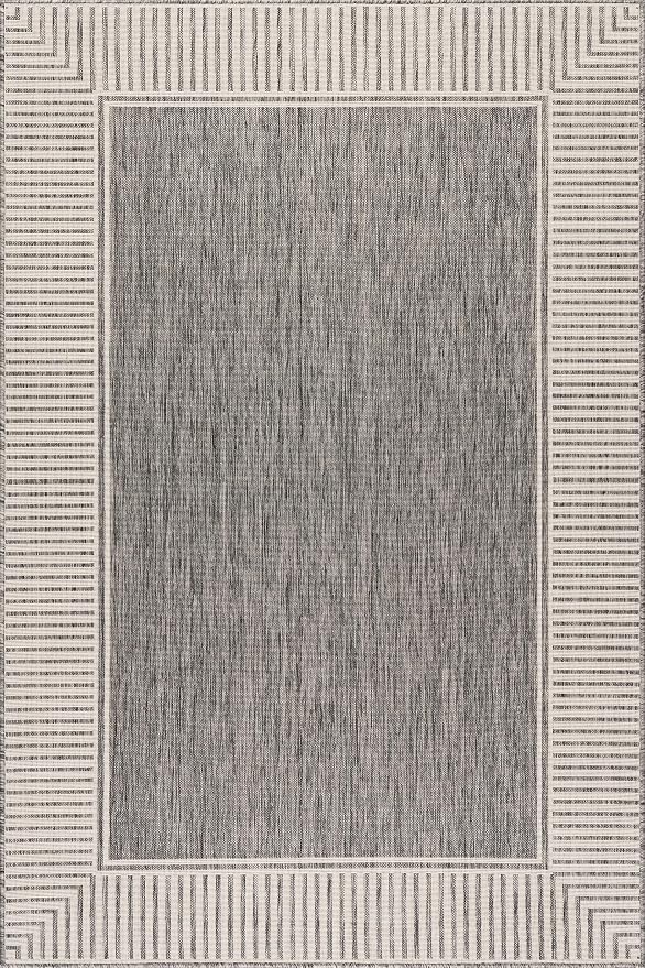 Nuloom Asha Grey/Ivory, 4' x 6', Casual, Striped Border, Soft and Cozy, High Traffic, Easy Clean, Durable Area Rug for Indoor/Outdoor Patio, Deck, Porch, Garden, Courtyard