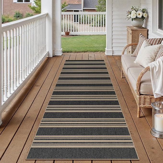 PureCozy Striped Easy Jute 2x8 Kitchen Runner Rug Black Washable Carpet for Hallway Non Slip Farmhouse Neutral Non Shedding Indoor Outdoor 2'6"x8 Long Rug Bathroom Bedroom Laundry Entryway