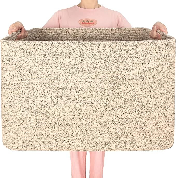 MINTWOOD Design 112L Extra Large Blanket Basket Holder Living Room, 25"x17"x16" Rectangle Rope Woven Storage Basket with Handles for Laundry, Towels, Shoes, Dog Toy Organizer Bin Box, Oatmeal Brown