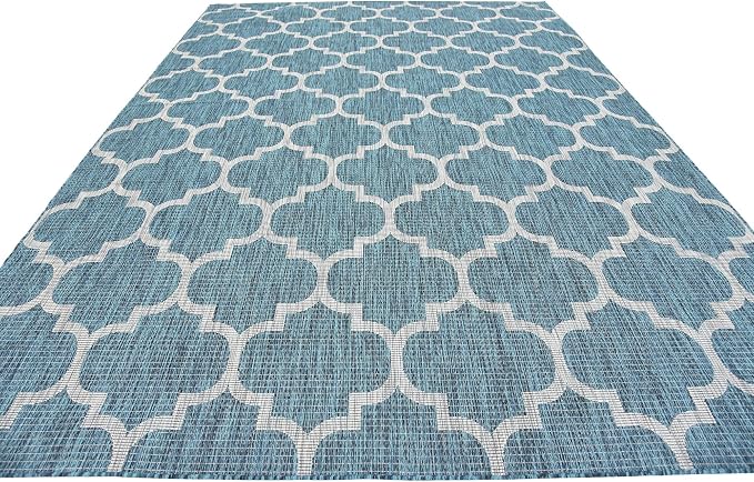 Unique Loom Outdoor Trellis Collection Area Rug (8' x 11' 4" Rectangle, Teal/ Gray)