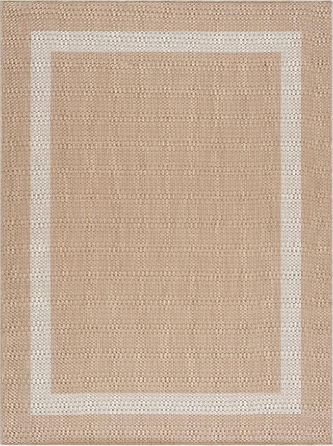 CAMILSON Outdoor Rug 9x12, Large Modern Outside Rugs for Patios Porches Waterproof Durable Washable Non-Shedding, Easy-to-Clean Indoor Outdoor Area Carpet (9 x 12, Bordered - Beige/White)