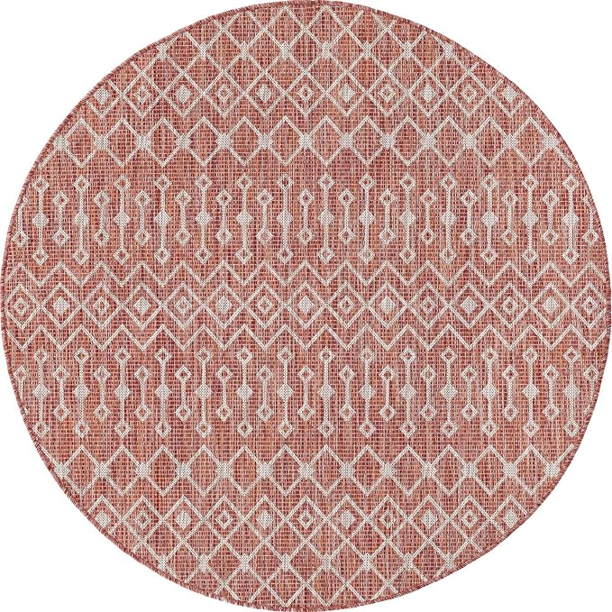 Unique Loom Outdoor Trellis Collection Area Rug - Tribal Trellis (5' 3" Round, Rust Red/ Ivory)