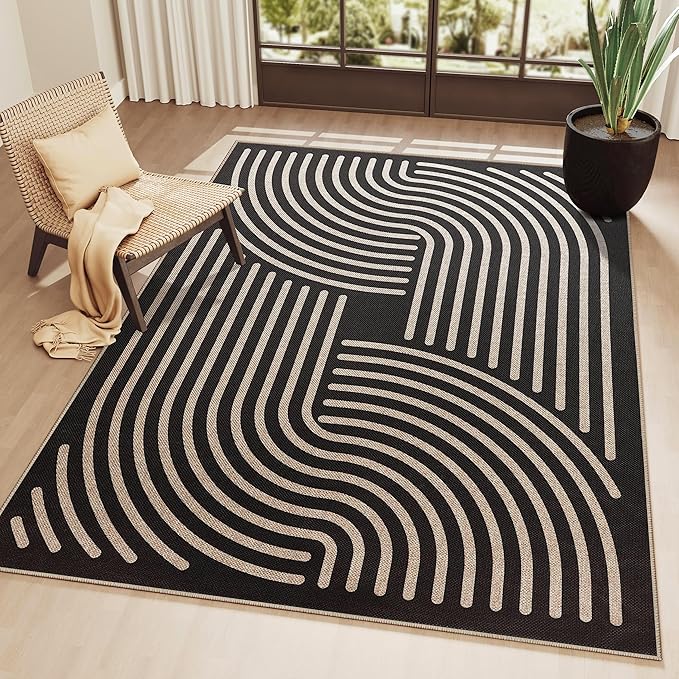 Easy Jute 9x12 Black Outdoor Patio Rug Machine Washable Boho Carpet
