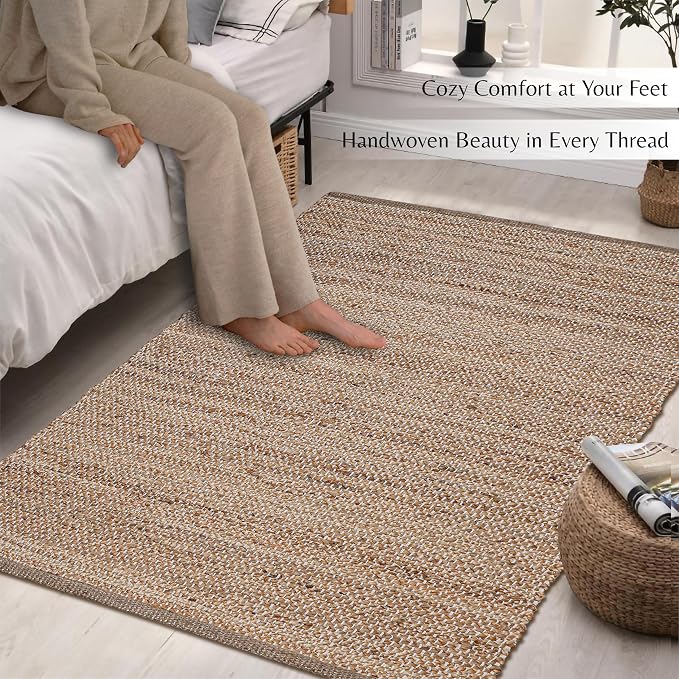 Hausattire Jute Woven Area Rug 3'x5' - Natural, Hand Braided Boho Rustic Rugs for Living Room, Kitchen | Farmhouse Indoor Outdoor Carpet for Nursery, Natural Fiber Patio Mat - 36x60 Inches