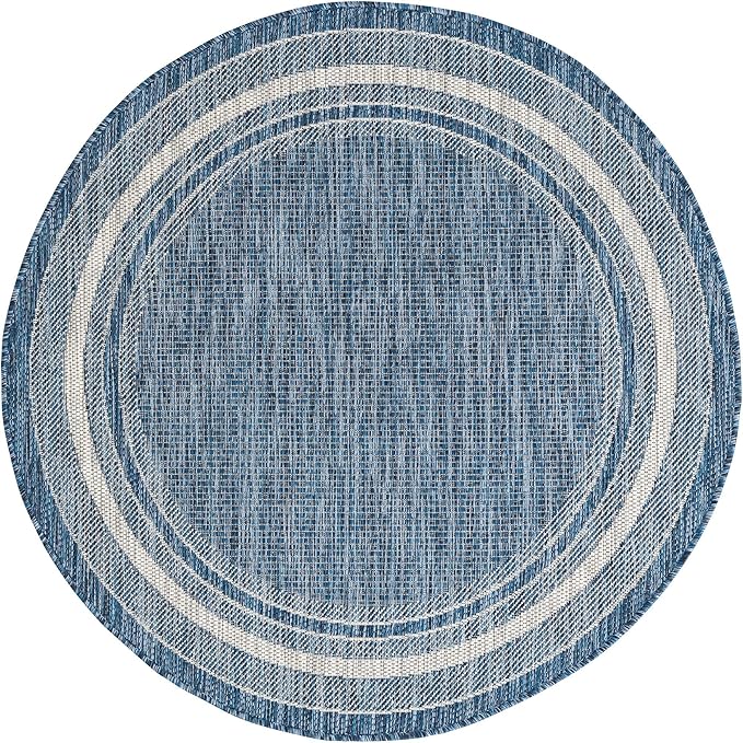 Unique Loom Outdoor Border Collection Area Rug - Soft Border (4' 1" Round, Blue/ Ivory)