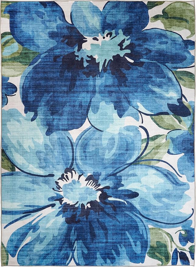 ReaLife Rugs Machine Washable Indoor Outdoor - Mat Rug Foldable Printed Thin Lightweight Cushioned Fade Resistant Patio Deck Dock Porch Pool Balcony Camping - Kai - Blue Green 4' x 6'