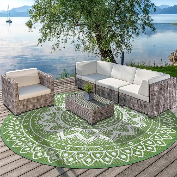Round Outdoor Rugs for Patios, 8Ft Waterproof Reversible Plastic Straw Mat with Carry Bags, Boho Lightweight Outdoor Carpet Portable Round Floor Mat for Patio Camping Picnic Backyard RV,Green & White