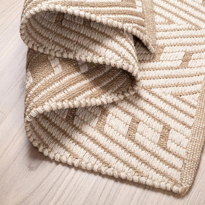 THE BEER VALLEY Jute Cotton Geometric Kitchen Rug 2x3 Feet - Natural White | Small Neutral Area Door mat for Entryway, Easy Clean Outdoor Indoor Boho Entry Rugs