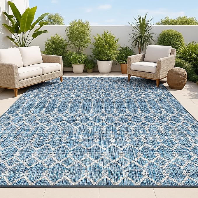 JONATHAN Y Moroccan Geometric Indoor Outdoor Area Rug 9X12 Navy/Light Gray, Ourika Textured Weave for Backyard, Patio, Porch, Easy-Cleaning, High Traffic, Pet-Friendly, Non-Shedding (SMB108B-9)