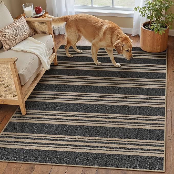 PureCozy Striped Easy Jute Rug 4x6 Black Entryway Carpet Washable Non Slip Office Door Mat Farmhouse Neutral Non Shedding Small Indoor Outdoor Rug for Bathroom Kitchen Bedroom Living Room