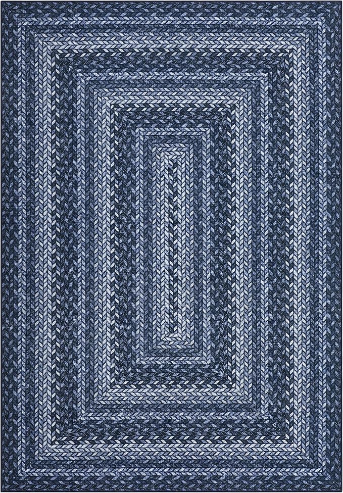 Garvee Easy Jute Outdoor Rug 5x7 Washable Rug Non Slip Braided-Print Neutral Rugs for Living Room Indoor Outdoor Farmhouse Rugs Ultra-Thin Non-Shedding Foldable Mat for Bedroom Kitchen Porch Navy Blue