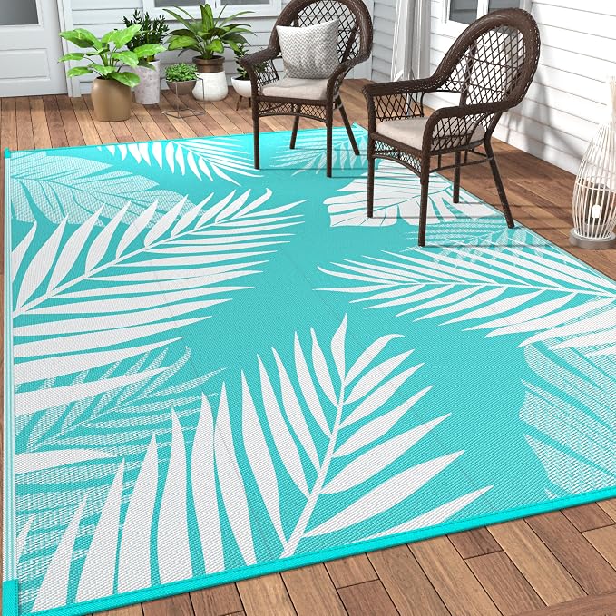 GENIMO Outdoor Rug, Waterproof Plastic Rugs 10'x14' for Camping Navy White | Outside Larger Leaf Carpet Mat for Porch Decor, Deck, Camping, RV, Backyard, Balcony, Picnic, Beach, Reversible, Foldable