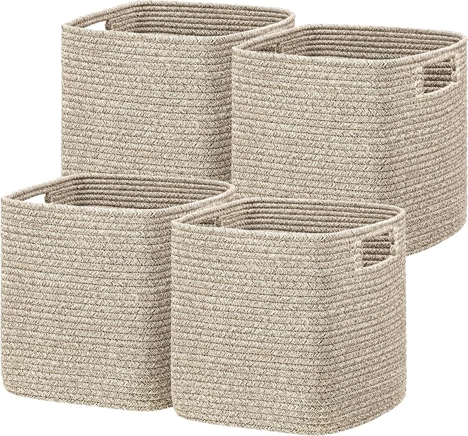UBBCARE Storage Cubes 11 Inch, Cotton Rope Woven Baskets for Organizing, Cube Storage Bin for Baby Nursery, 4-Pack Square Storage Baskets for Shleves Organizer, Closet, Kidsroom, All Browm
