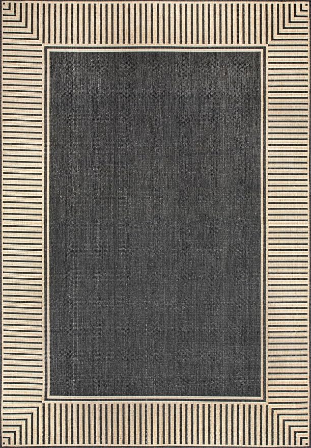 Nuloom Asha Dark Grey/Ivory, 4' x 6', Casual, Striped Border, Soft and Cozy, High Traffic, Stain Resistant, Easy Clean, Durable Area Rug for Indoor/Outdoor Patio, Deck, Porch, Garden, Courtyard