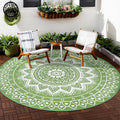 Round Outdoor Rugs for Patios, 8Ft Waterproof Reversible Plastic Straw Mat with Carry Bags, Boho Lightweight Outdoor Carpet Portable Round Floor Mat for Patio Camping Picnic Backyard RV,Green & White