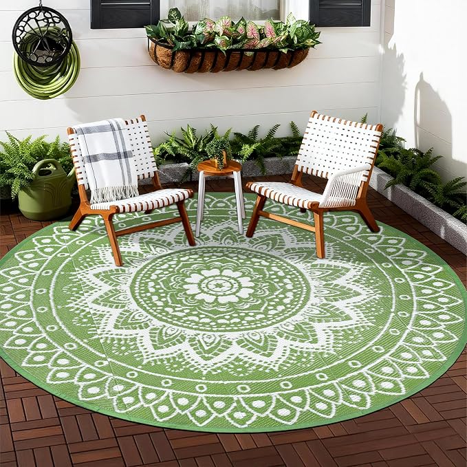 Round Outdoor Rugs for Patios, 8Ft Waterproof Reversible Plastic Straw Mat with Carry Bags, Boho Lightweight Outdoor Carpet Portable Round Floor Mat for Patio Camping Picnic Backyard RV,Green & White