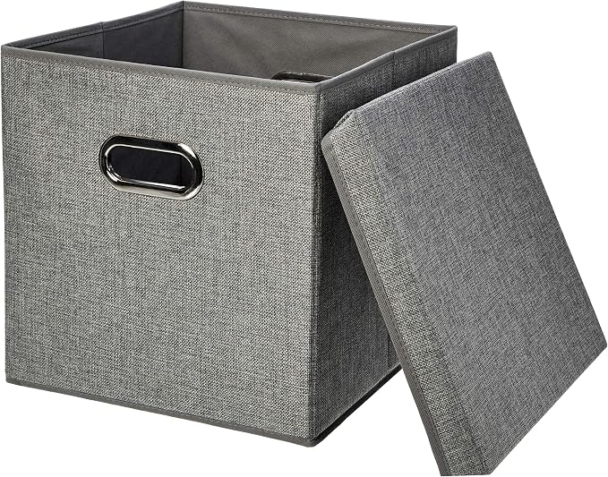 Amazon Basics Foldable Burlap Cloth Cube Storage Bins with Lid, Collapsible Organizing Containers, Stackable and Sturdy, Gray, Set of 2