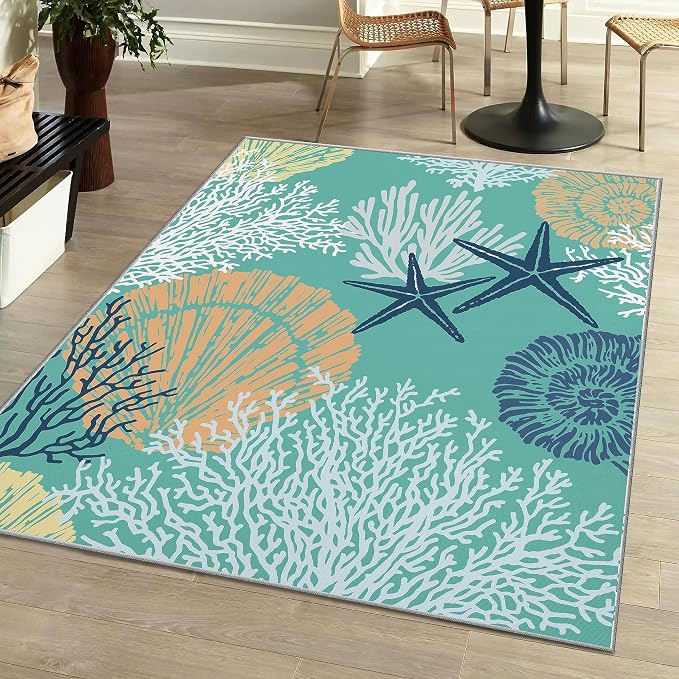 Tritard Coastal Area Rugs Nautical Beach Themed Non-Slip Machine Washable Rugs Modern Floor Carpet for Living Room Bedroom, 4x6, Teal and Turquoise