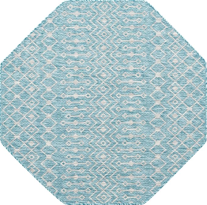 Unique Loom Outdoor Trellis Collection Area Rug - Tribal Trellis (5' 3" Octagon, Aqua/ Ivory)