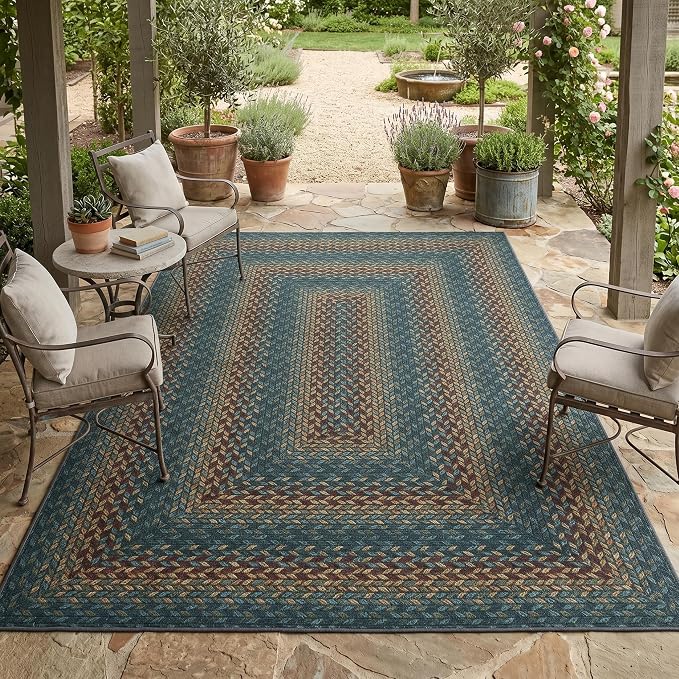 Garvee Indoor Outdoor Rug 8x10 Easy Jute Washable Rug Non Slip Braided-Print Neutral Rugs for Living Room Ultra-Thin Non-Shedding Farmhouse Rugs Foldable Carpet for Bedroom Kitchen Porch Teal/Rust