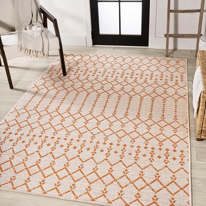 JONATHAN Y Moroccan Geometric Indoor Outdoor Area Rug 5X8 Cream/Orange, Ourika Textured Weave for Backyard, Patio, Porch, Easy-Cleaning, High Traffic, Pet-Friendly, Non-Shedding (SMB108O-5)