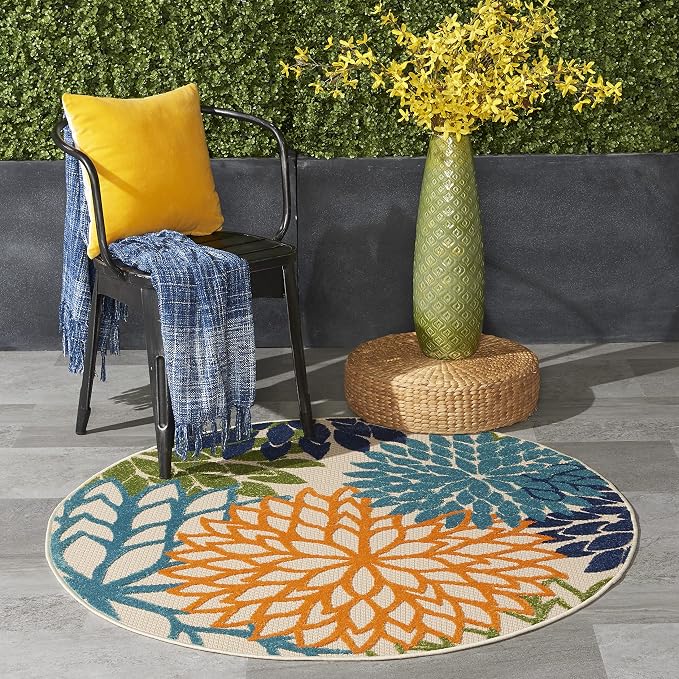 Nourison Home Aloha Indoor/Outdoor Multicolor 5'3'' x Round Area--Rug, Tropical, Botanical, Easy--Cleaning, Non Shedding, Bed Room, Living Room, Dining Room, Deck, Backyard, Patio (5 Round)