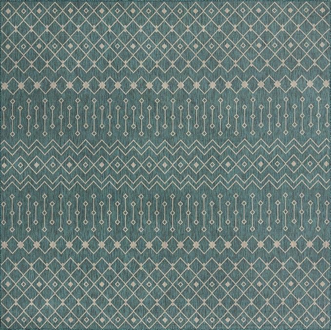 Unique Loom Outdoor Trellis Collection Area Rug - Tribal Trellis (13' Square, Teal/ Ivory)
