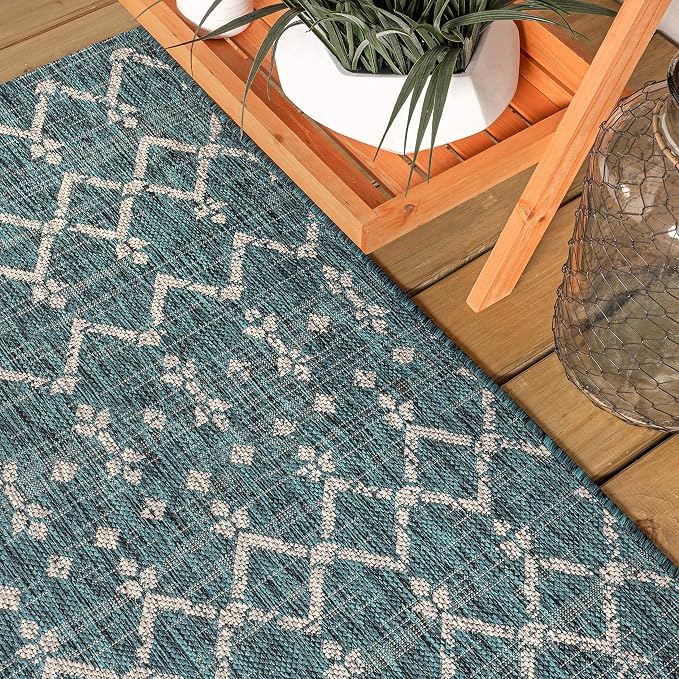 JONATHAN Y Moroccan Geometric Indoor Outdoor Square Area Rug 9X9 Teal/Gray, Ourika Textured Weave for Backyard, Patio, Porch, Easy-Cleaning, High Traffic, Pet-Friendly, Non-Shedding (SMB108C-9SQ)