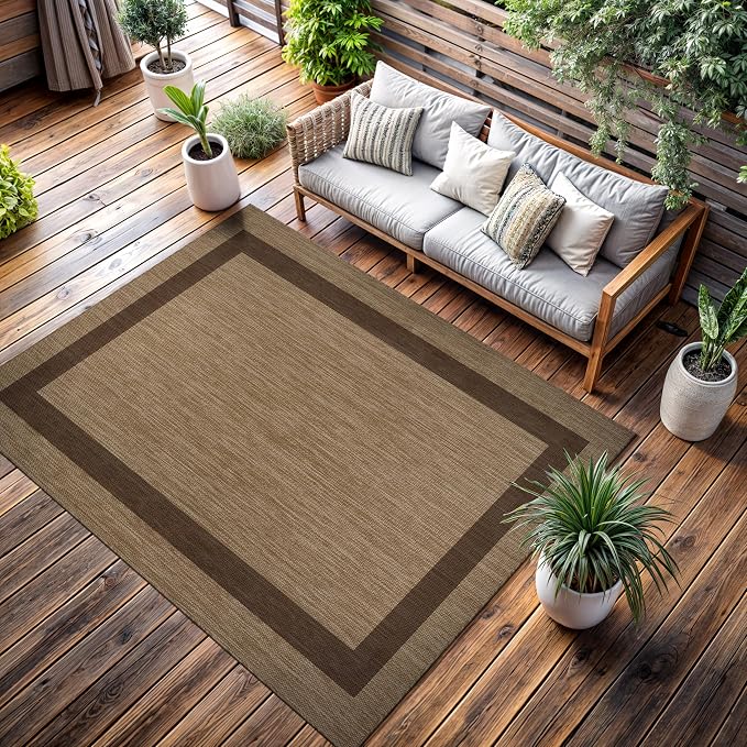 CAMILSON Outdoor Rug 6x9 - Modern Outside Rugs for Patios Porches Waterproof Durable Washable Non-Shedding, Easy-to-Clean Indoor Outdoor Area Carpet (6 x 9, Bordered - Jute)