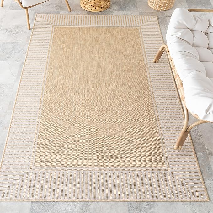 Nuloom Asha Tan/Ivory, 4' x 6', Casual, Striped Border, Soft and Cozy, High Traffic, Easy Clean, Durable Area Rug for Indoor/Outdoor Patio, Deck, Porch, Garden, Courtyard