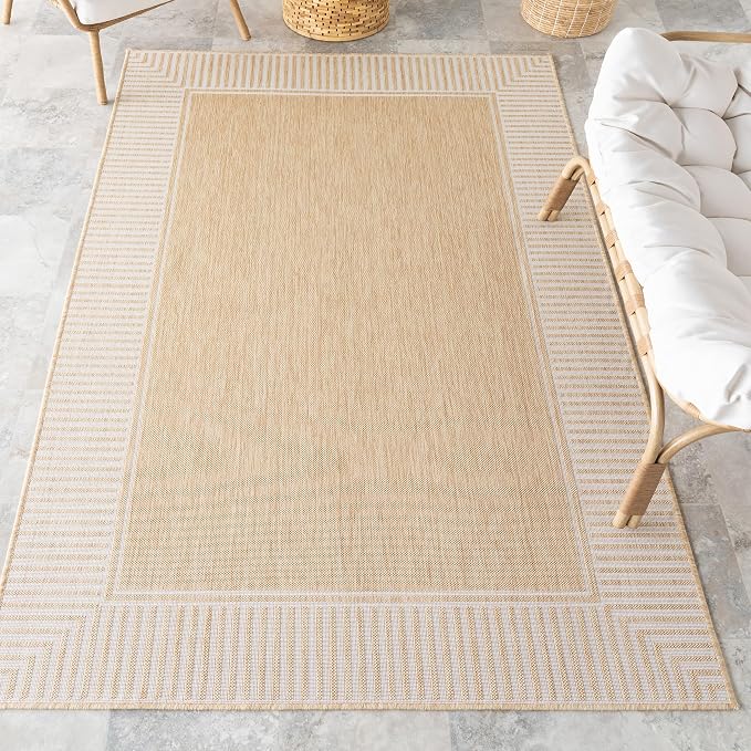 Nuloom Asha Tan/Ivory, 10' x 14', Casual, Striped Border, Soft and Cozy, High Traffic, Easy Clean, Durable Area Rug for Indoor/Outdoor Patio, Deck, Porch, Garden, Courtyard