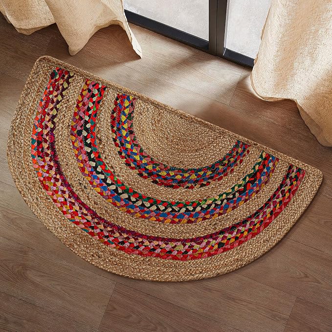 Boho Braided 1.5x3 Area Rug - Jute Chindi Half Circle Rug for Living Room Entryway, Farmhouse, Home Décor, Indoor Rugs Jute Door mat for Bathroom, Kitchen (Multi-Natural, 1.5 X 3 ft)