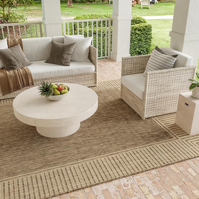 Nuloom Asha Light Brown/Ivory, 6'7" Square, Casual, Striped Border, Soft and Cozy, High Traffic, Easy Clean, Durable Area Rug for Indoor/Outdoor Patio, Deck, Porch, Garden, Courtyard