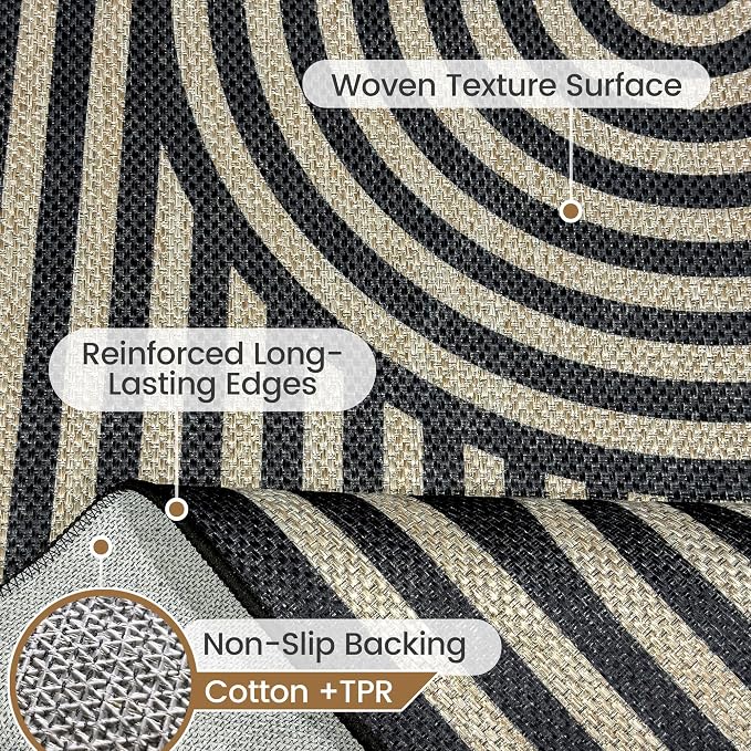 Washable Rainbow Easy Jute Rug 3x5, Black Outdoor Indoor Patio Modern Geometric Neutral Small Rugs, Woven Non Slip Thin Carpet Mat for Living Bedroom Entryway Front Door Farmhouse Doorway Kids