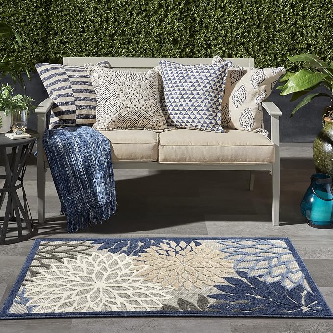 Nourison Home Aloha Indoor/Outdoor Blue/Multicolor 3' x 5' Area Rug, Tropical, Botanical, Easy Cleaning, Non Shedding, Bed Room, Living Room, Dining Room, Deck, Backyard, Patio (3x5)