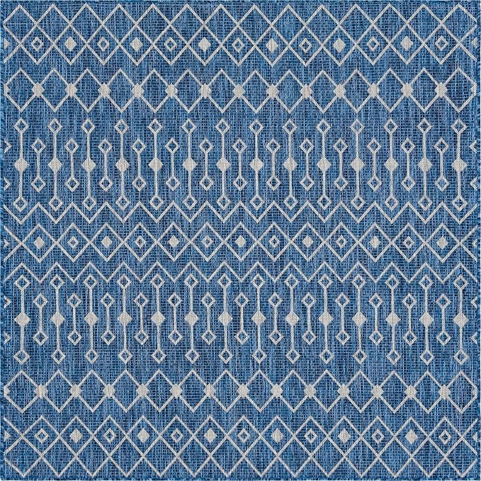 Unique Loom Outdoor Trellis Collection Area Rug - Tribal Trellis (6' 1" Square, Blue/ Ivory)