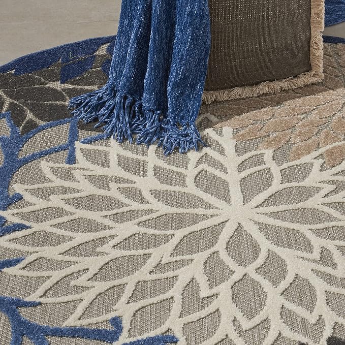 Nourison Home Aloha Indoor/Outdoor Blue/Multicolor 5'3" x Round Area Rug, Tropical, Botanical, Easy Cleaning, Non Shedding, Bed Room, Living Room, Dining Room, Deck, Backyard, Patio (5 Round)