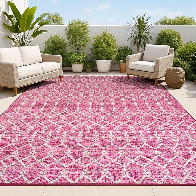 JONATHAN Y Moroccan Geometric Indoor Outdoor Area Rug 4X6 Fuchsia/Light Gray, Ourika Textured Weave for Backyard, Patio, Porch, Easy-Cleaning, High Traffic, Pet-Friendly, Non-Shedding (SMB108Q-4)