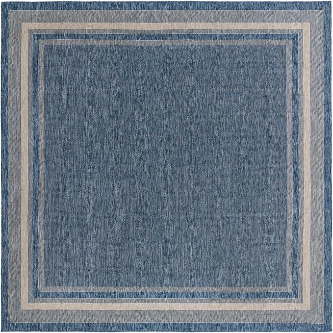 Unique Loom Outdoor Border Collection Area Rug - Soft Border (13' Square, Blue/ Ivory)