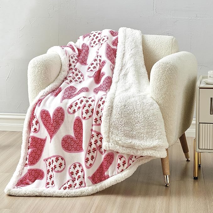 Elegant Comfort Luxury Ultra-Plush Velvet Touch Sherpa Fleece Throw Blanket - Soft, Warm, Cozy - Scarlett - Heart Pattern - 50" x 60" - Valentine's Day, Travel, Home Decor