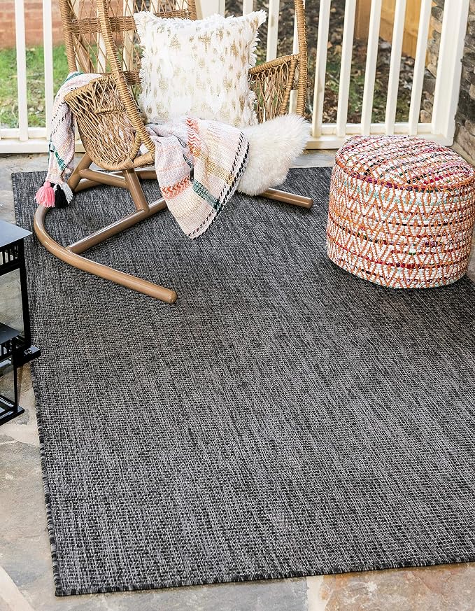Unique Loom Collection Casual Transitional Solid Heathered Indoor/Outdoor Flatweave Area Rug (5' 1" x 8' Rectangle, Black/Ivory)